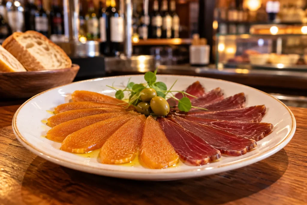 Tapas de mojama y huevas en barra cálida